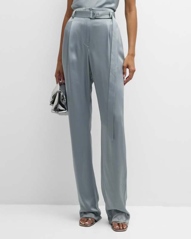 High-Rise Belted Pleated Straight-Leg Doubleface Satin Pants